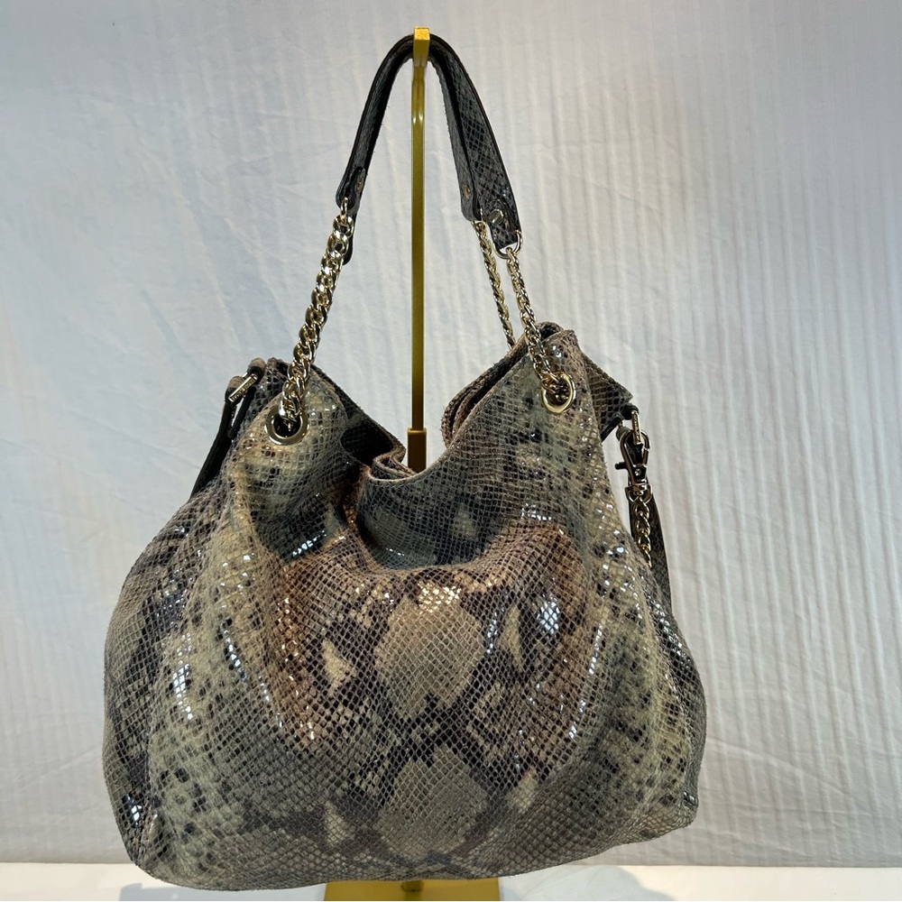Michael Kors Jet Set Snakeskin Embossed Shoulder Bag Tote Gold Chain Dbl Strap
